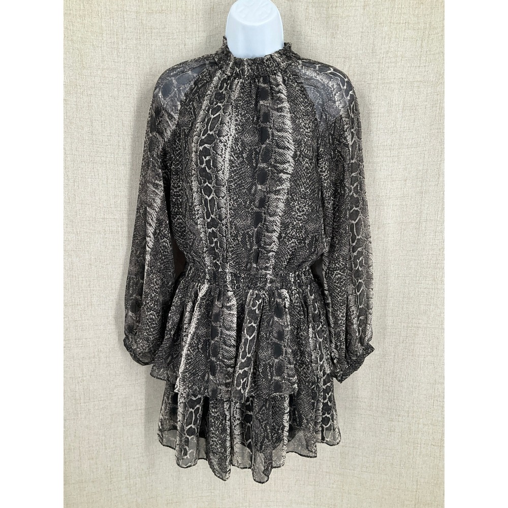 TCEC Dress‎ Womens Small Grey Snakeskin Tiered Ruffle Mini Romantic Flowy